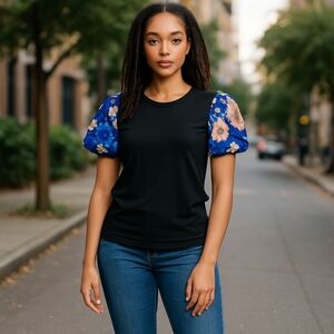 CHA CHA‎ VENTE | Soft Flowy Playful Black  Blue Polka Dot Floral Sleeves | Small